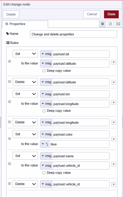 Screenshot of the Change node configuring properties to ensure compatibility with the Worldmap node Screenshot of the Change node configuring properties to ensure compatibility with the Worldmap node