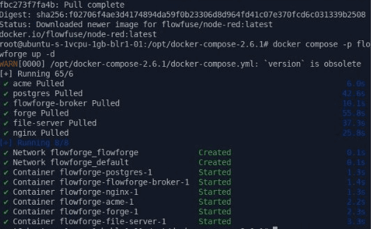 Screenshot of the terminal showing the all containers are running successfully that are required for the flowfuse to run "Screenshot of the terminal showing the all containers are running successfully that are required for the flowfuse to run"