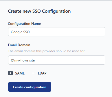 Screenshot of platform form for creating sso configuration "Screenshot of platform form for creating sso configuration"